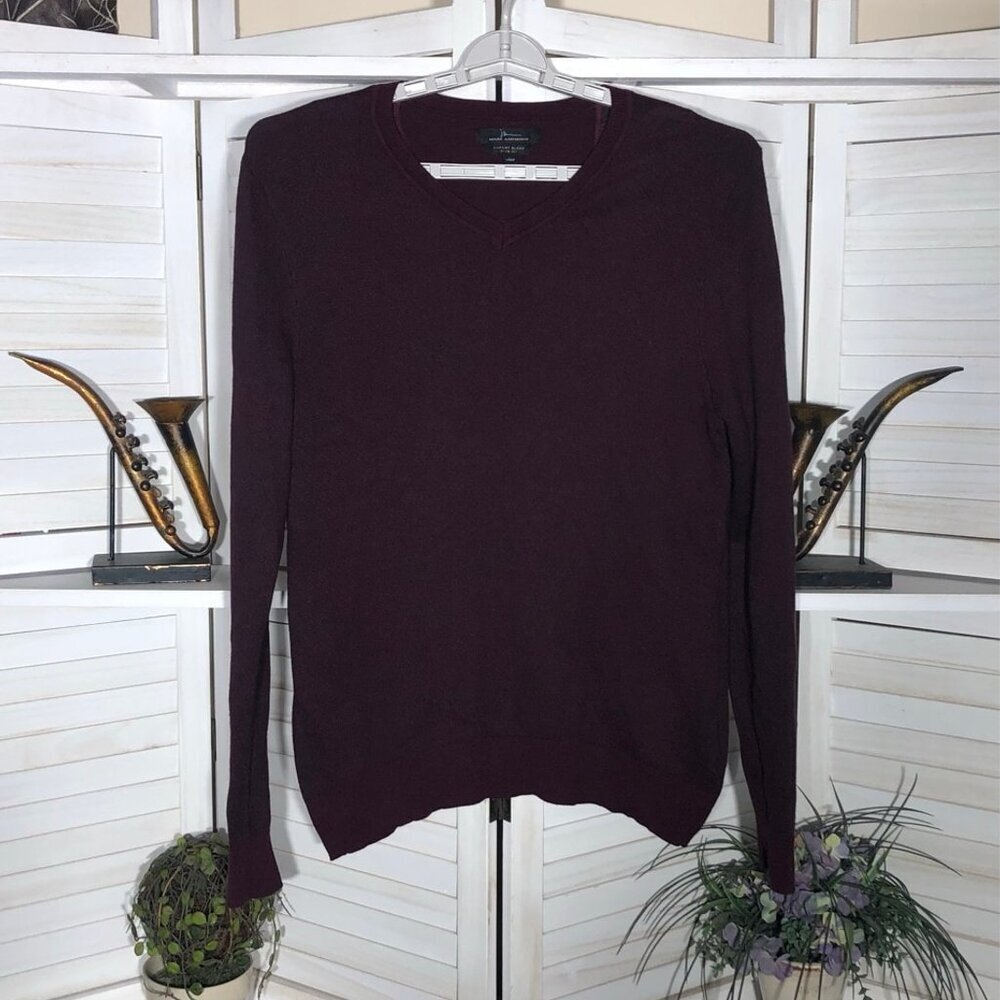 Cashmere Blend Sweater VNeck Burgundy slim fit preppy office career wear elegant - Picture 4 of 11